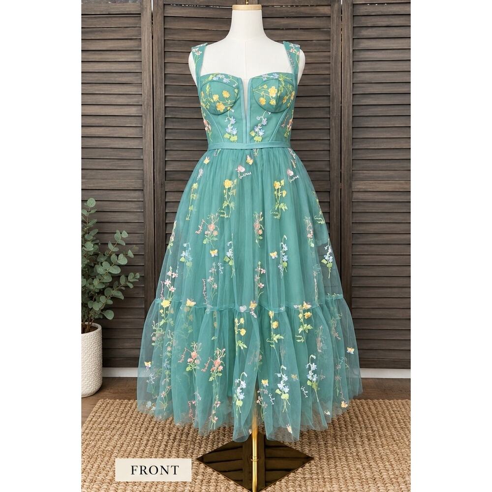 Teal Green Embroidered Floral Tulle Corset Midi Dress 10 Fairycore Formal - Picture 3 of 13